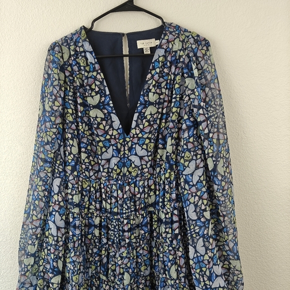 Ted Baker Tiered Swing Mini Dress Butterfly Print Long Sleeve in Blue Size 8 - Picture 7 of 16